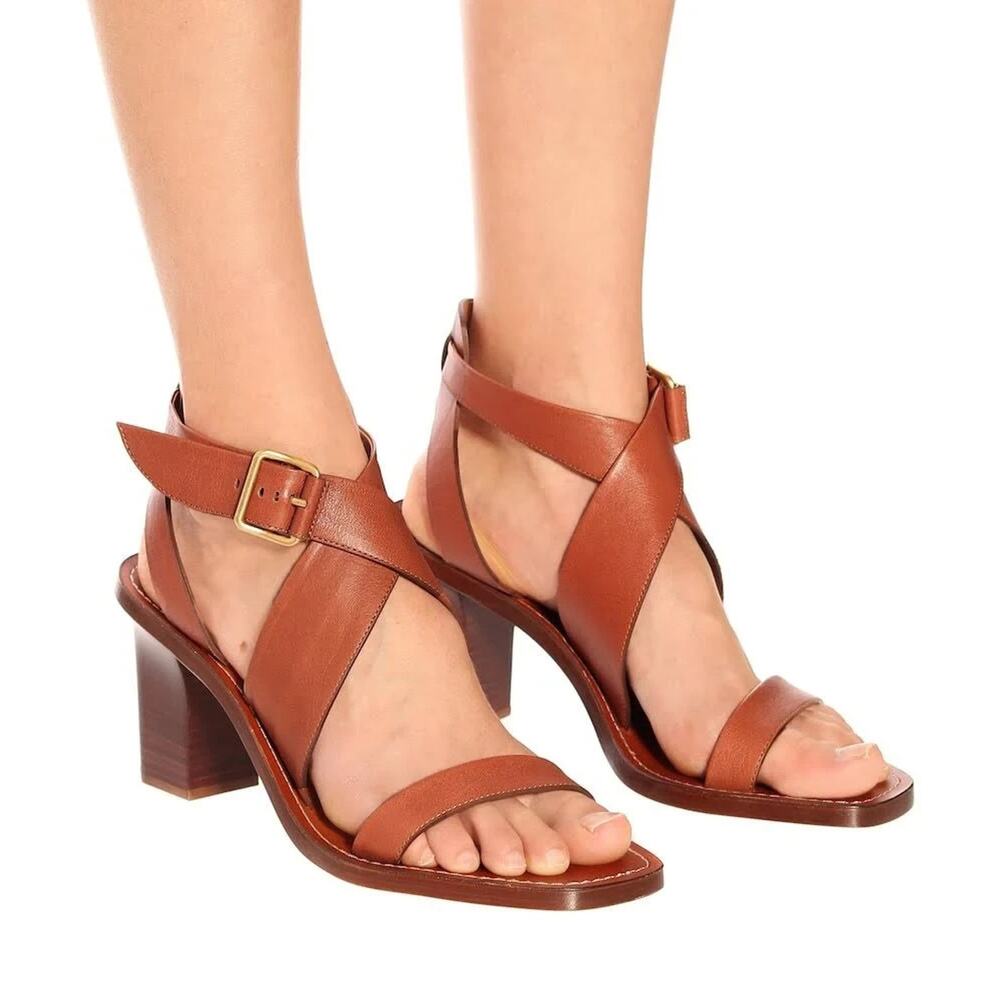 Chloe Virginia Leather Heel Sandal in Chestnut Brown Size 38